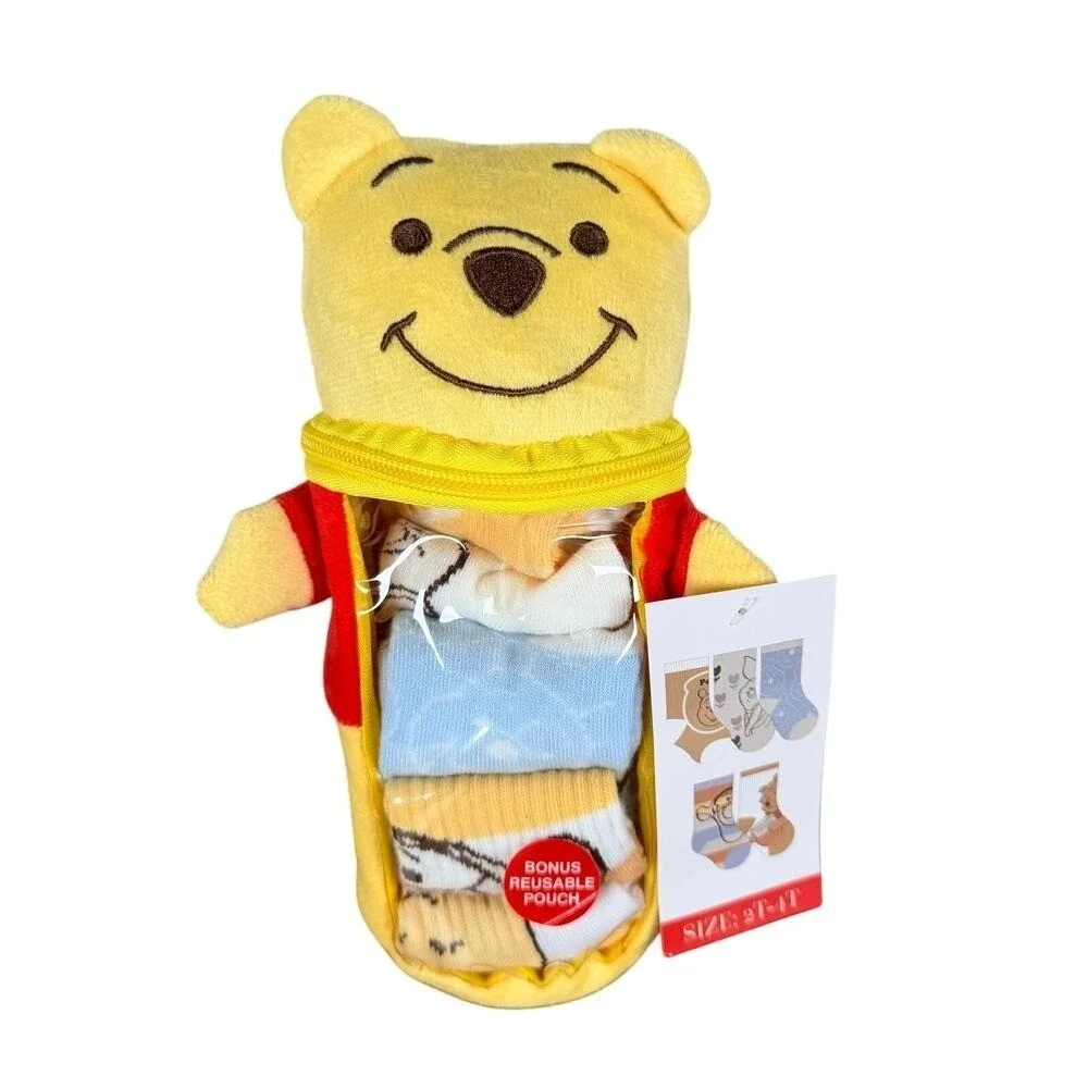 Disney Winnie The Pooh Socks 2T-4T 5 Pairs Socks and Reusable Plush Pouch